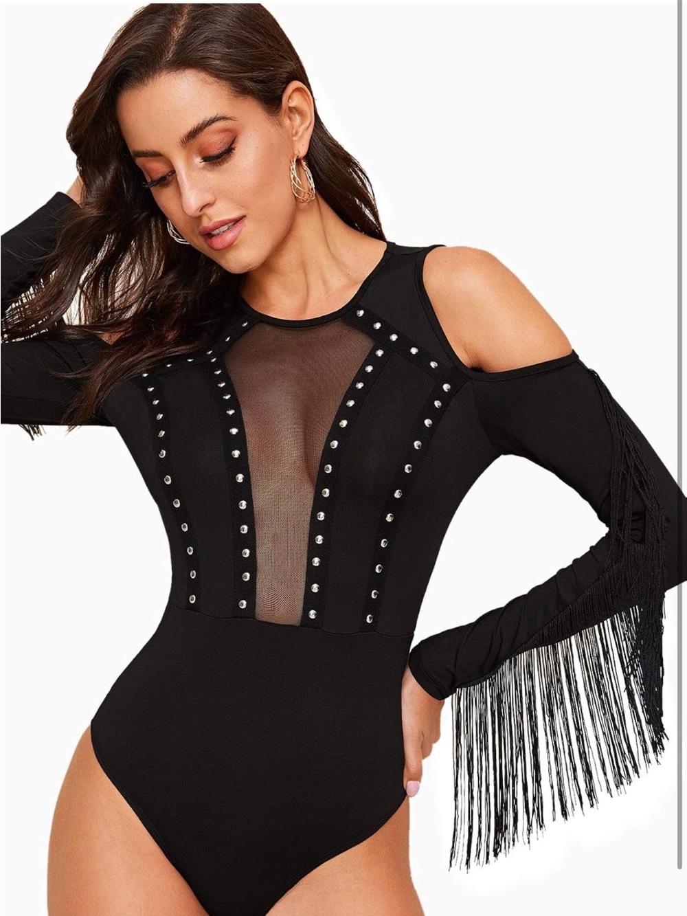New SweatyRocks Cold Shoulder Fringe Long Sleeve Sheer Mesh Bodysuit Size Small